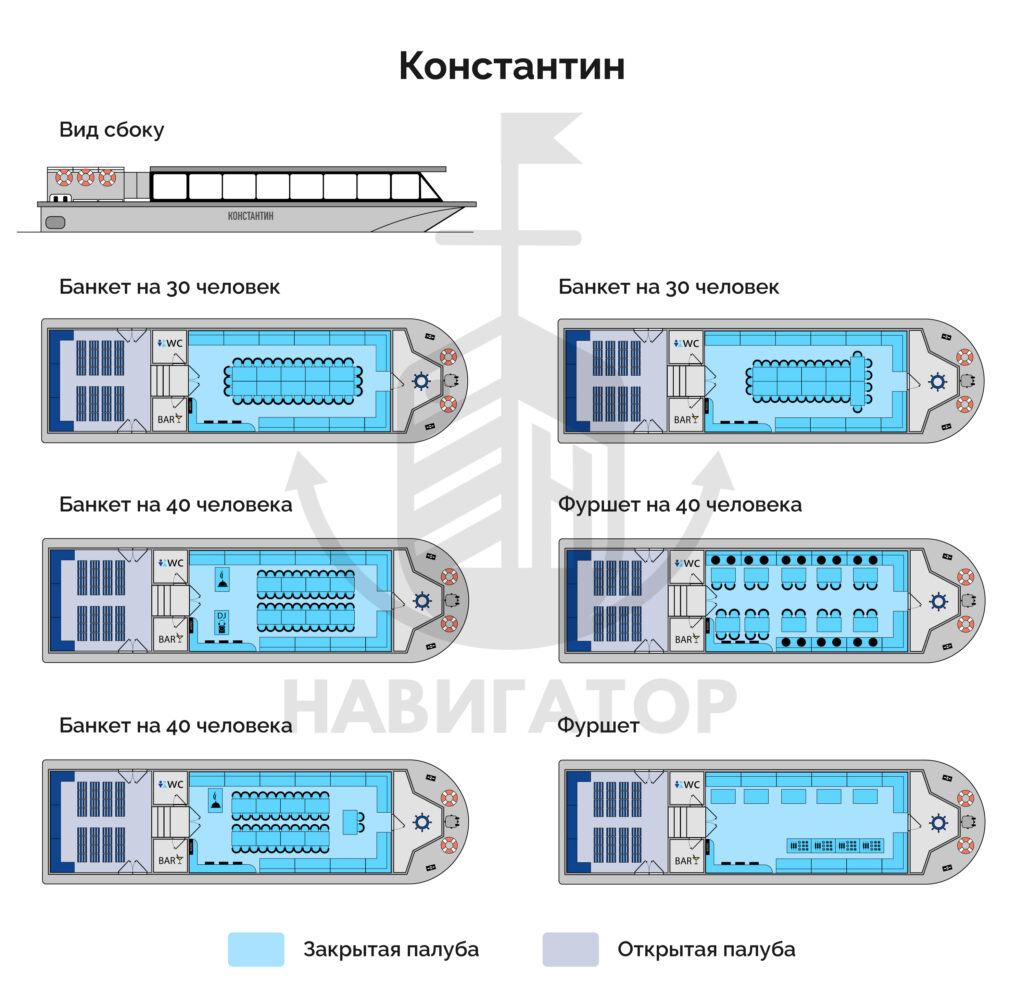 Теплоход Константин - расстановка столов, банкетная и фуршетная рассадка