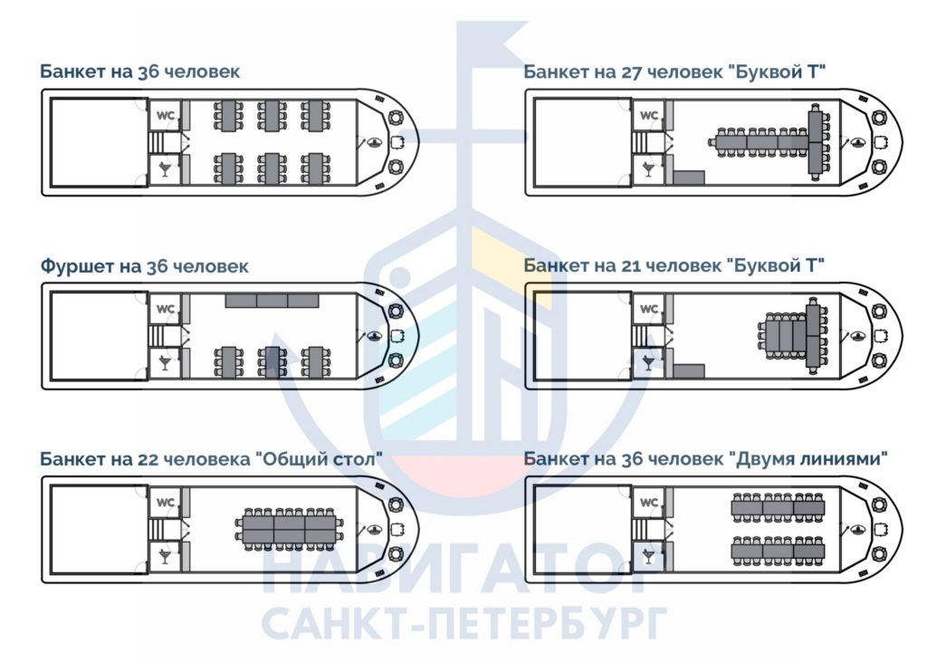 Теплоход Альта, расстановка столов, банкетная и фуршетная рассадка.