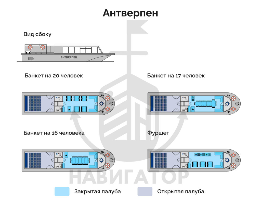 Теплоход Антверпен - расстановка столов, банкетная и фуршетная рассадка