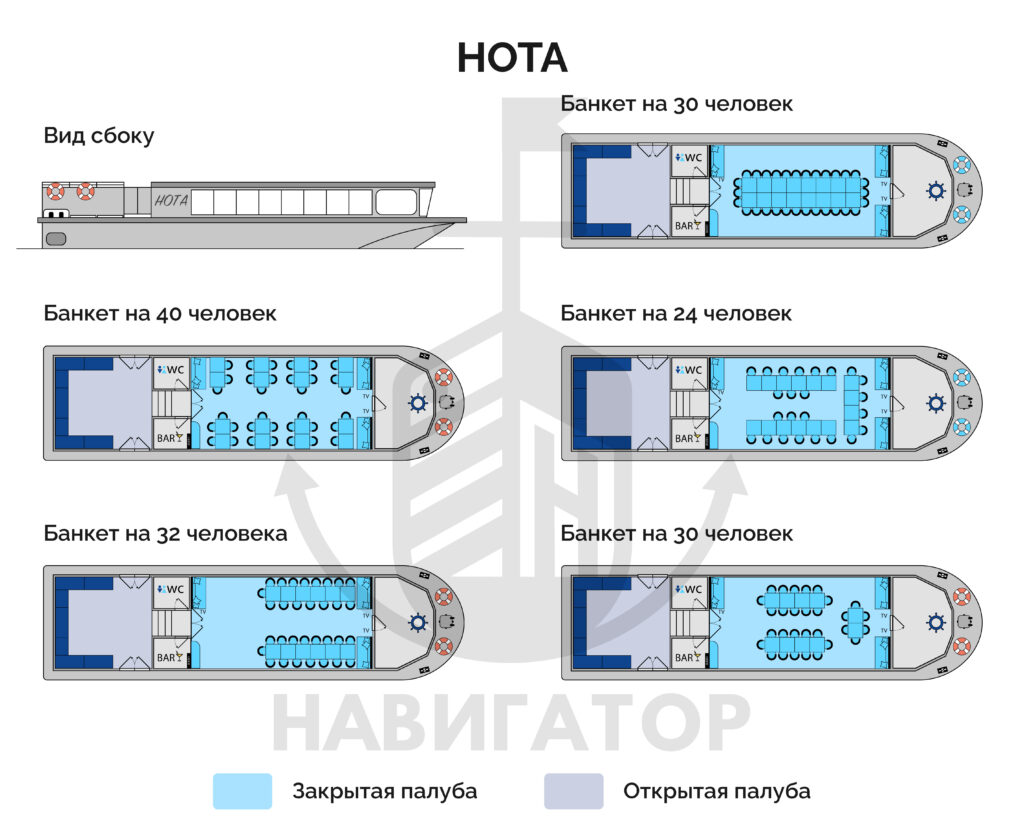 Теплоход Нота - расстановка столов, банкетная и фуршетная рассадка